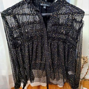 Sheer Black Blouse with Elegant Gold Dots